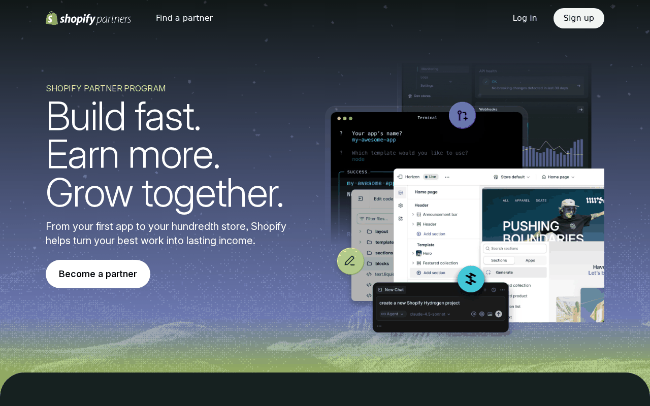 Shopify Partners homepage showing the Technology and Service partner tracks