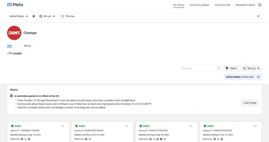 Meta Ad Library for the verified Chomps page, US, active ads, showing about 71 results