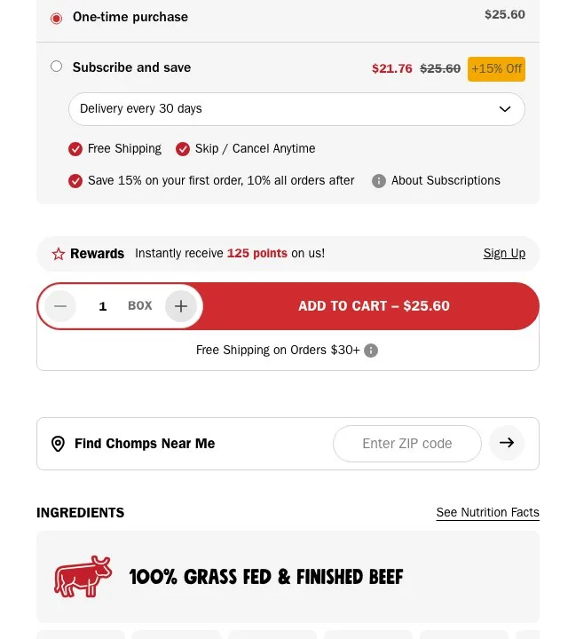 Chomps Original Beef buy box: one-time purchase at $25.60, subscribe and save at $21.76, Add to cart, Free Shipping on Orders $30 plus, and a Find Chomps Near Me ZIP code field