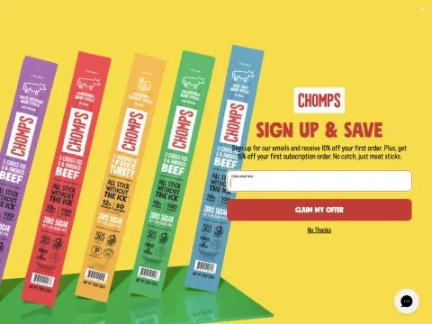 Chomps email popup reading Sign up and save, 10% off your first order plus 15% off your first subscription order, with an email field and a Claim my offer button