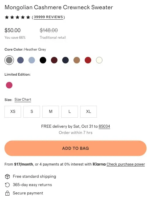 Quince Mongolian Cashmere Crewneck Sweater buy box: 39,999 reviews, $50 against $148 traditional retail, colour and size options, free delivery by Saturday October 31, Add to bag, Klarna payments, free standard shipping and 365-day easy returns