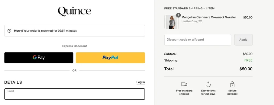 Quince checkout first screen: a banner reading Hurry! Your order is reserved for 09:54 minutes, Google Pay and PayPal express buttons, an email field, and an order summary with the cashmere crewneck at $50 and free shipping