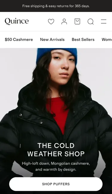 Quince homepage on a 375 by 650 phone screen: The Cold Weather Shop, a line about high-loft down and Mongolian cashmere, and a Shop Puffers button