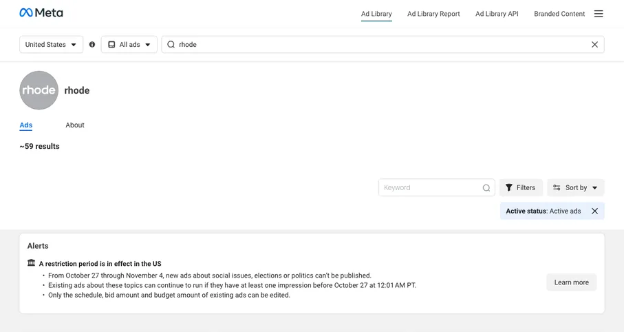 Meta Ad Library for the verified rhode page, US, active ads, showing about 59 results and three cards that started running on September 2, 2026