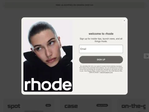 rhode email popup with a black and white portrait and the rhode wordmark, reading welcome to rhode, sign up for insider tips, launch news, and all things rhode, with an email field and a Sign up button