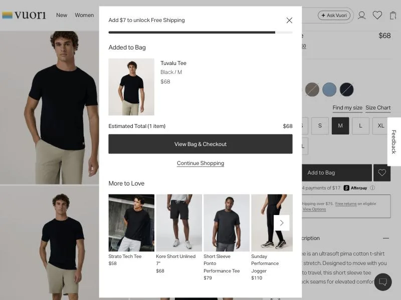 Vuori cart drawer after adding a $68 Tuvalu Tee, showing Add $7 to unlock Free Shipping above a progress bar and a More to Love carousel