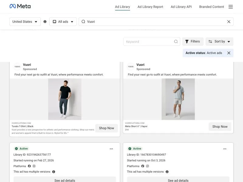 Two Vuori catalog ads in the Meta Ad Library, each a single model in full length against a plain light grey wall with the product name and Shop Now