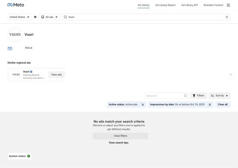 Meta Ad Library filtered to Vuori ads running on or before October 19, 2025, returning no ads