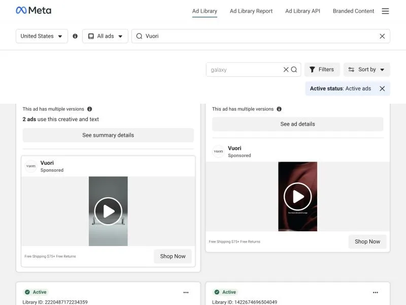 Two Vuori Galaxy brand films in the Meta Ad Library, vertical video with the line Free Shipping $75+ Free Returns and a Shop Now button