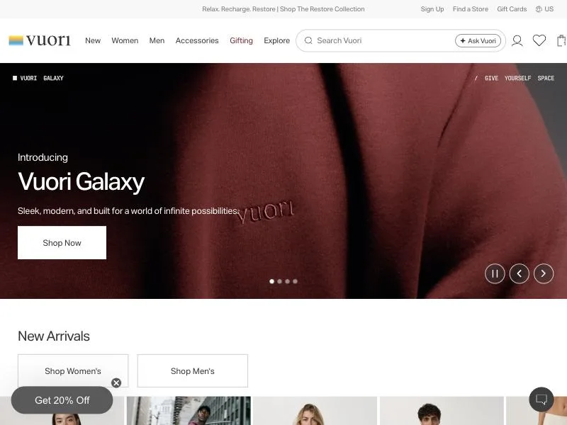 Vuori homepage hero introducing Vuori Galaxy on a burgundy fabric close-up with an embossed vuori logo