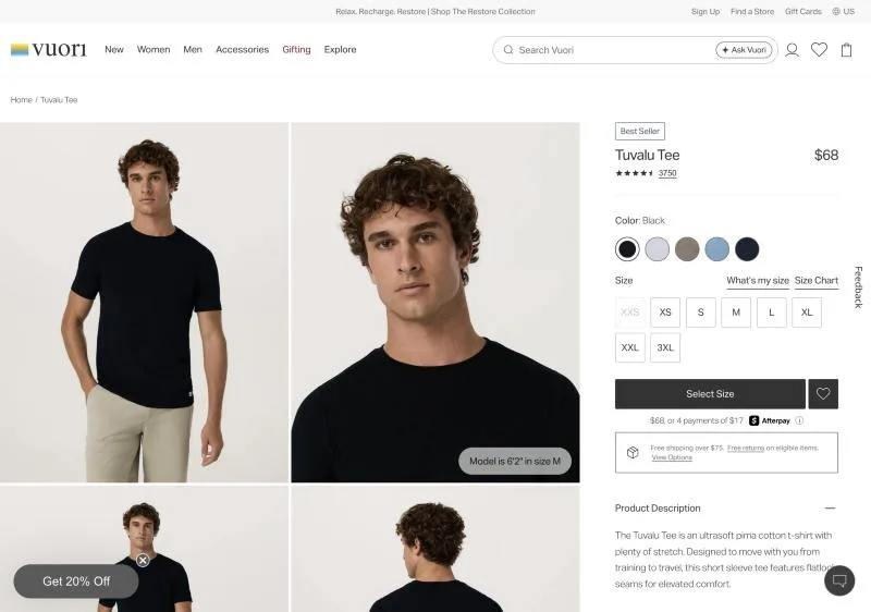 Vuori Tuvalu Tee product page with a Best Seller badge, $68 price, 4.7 stars from 3,750 reviews and free shipping over $75