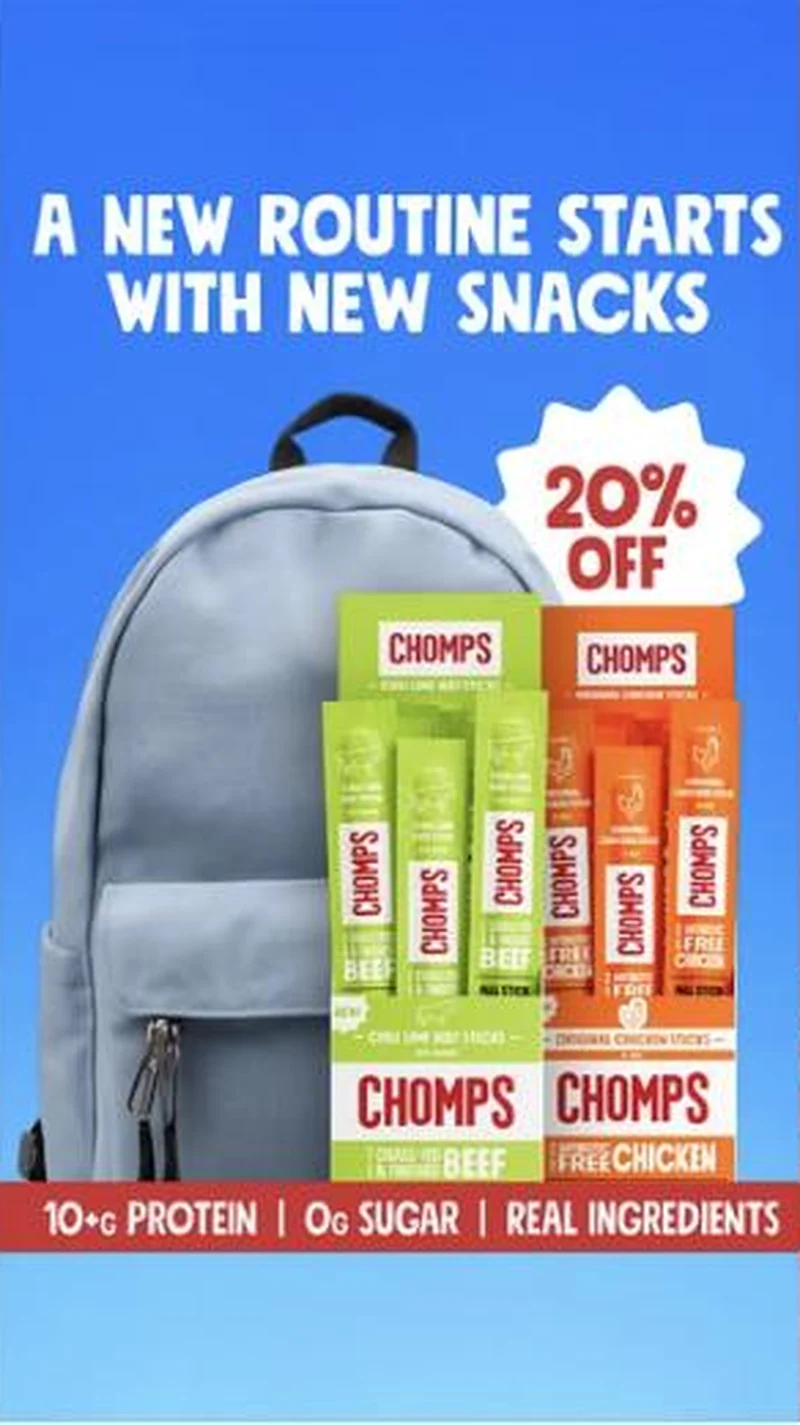 A NEW ROUTINE STARTS WITH NEW SNACKS, grey backpack