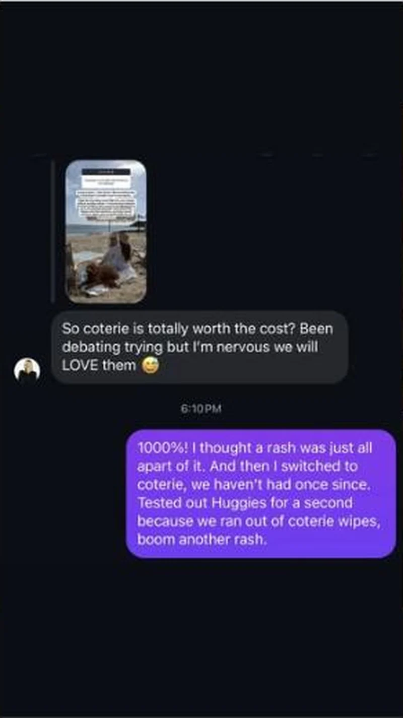 Dark-mode text screenshot: rash story reply