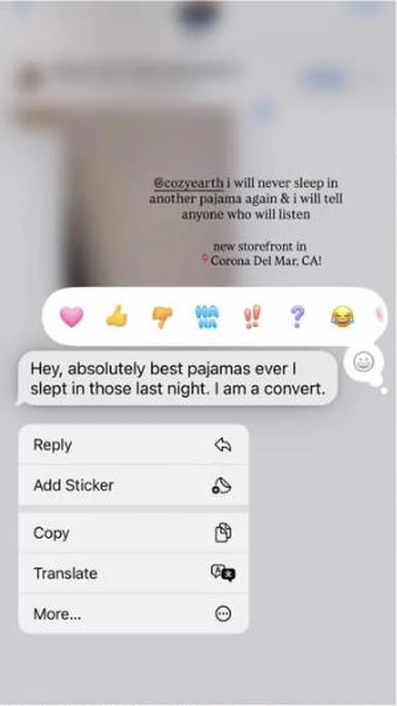 Instagram DM with the iOS reaction tray and context menu left open