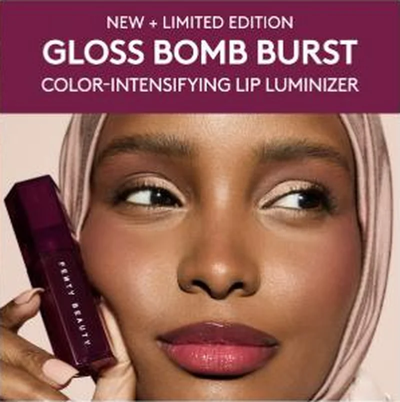Gloss Bomb Burst, model cut in pink headscarf
