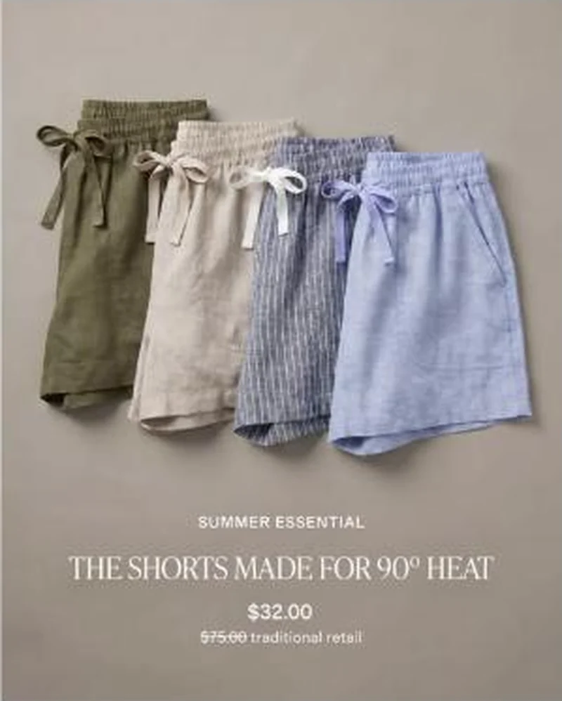 Women's linen shorts, $32.00 against $75.00