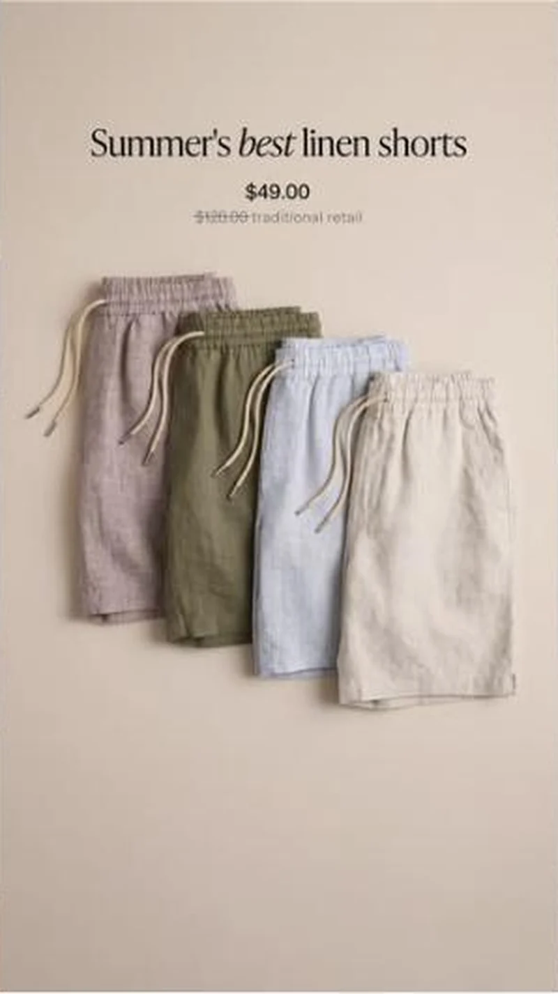 Men's linen beach shorts, $49.00 against $120.00
