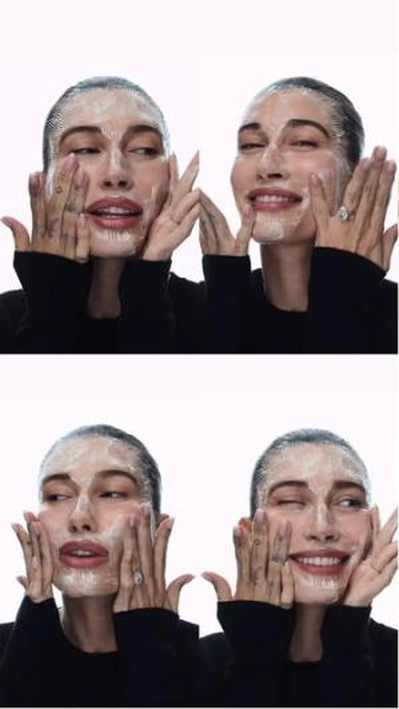With button, split-frame diptych of the cream mask, laughing
