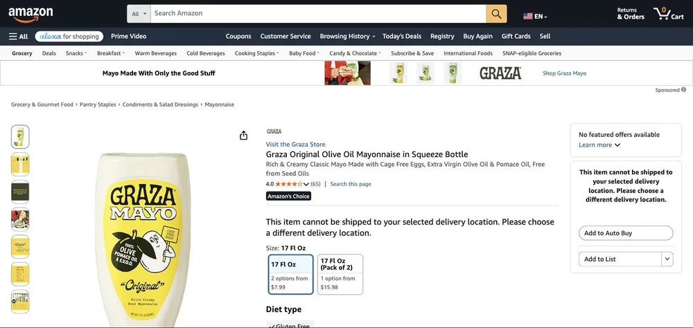 Amazon listing for Graza Olive Oil Mayonnaise
