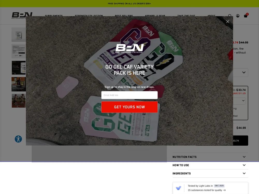 Bare Performance Nutrition (BPN) landing page