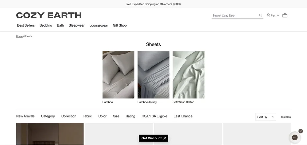 Cozy Earth landing page