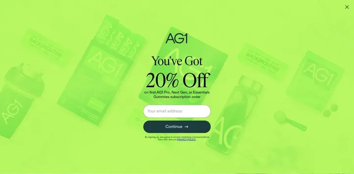 AG1 welcome popup, September 2026