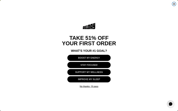 ALLDAY welcome popup, desktop, September 2026
