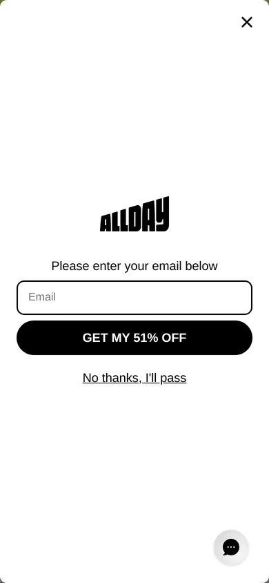 ALLDAY welcome popup on mobile, second pane after the gate