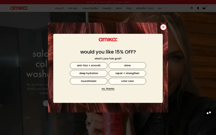 Amika welcome popup, desktop, September 2026