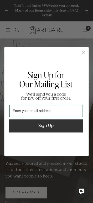 Artisaire welcome popup on mobile, second pane after the gate