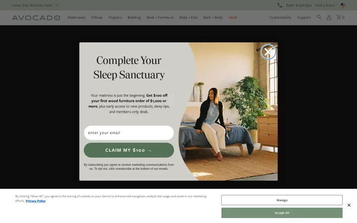 Avocado Green Mattress welcome popup, desktop, September 2026
