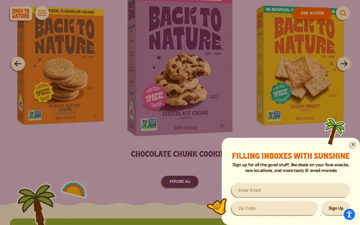 Back to Nature welcome popup on desktop: No stated offer