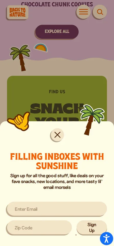 Back to Nature welcome popup on mobile: No stated offer
