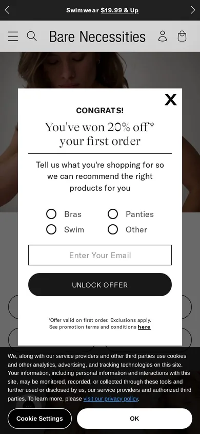 Barenecessities welcome popup on mobile, second pane after the gate