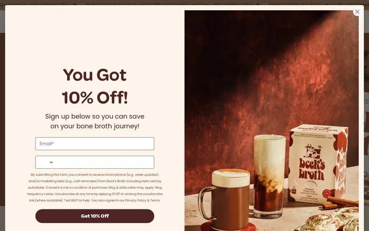 Beck's Broth welcome popup on desktop: 10% off