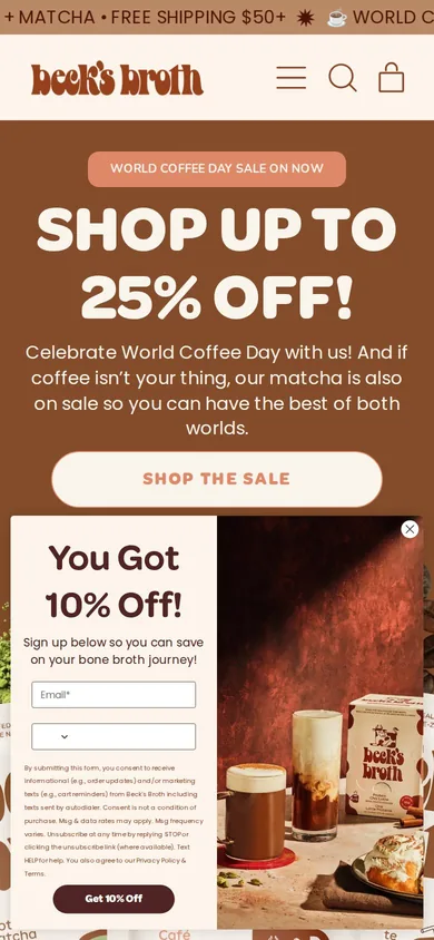 Beck's Broth welcome popup on mobile: 10% off