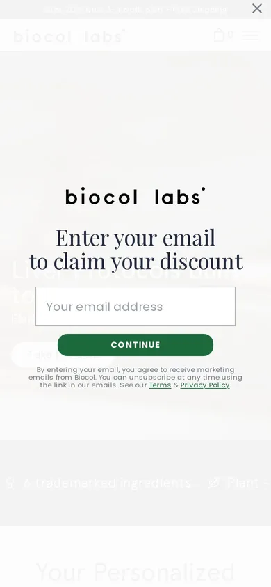 Biocol Labs welcome popup on mobile, second pane after the gate