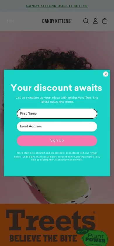 Candy Kittens welcome popup on mobile, second pane after the gate