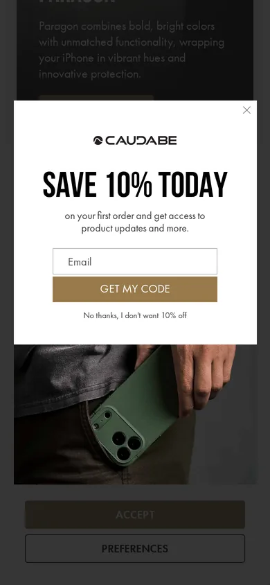 Caudabe welcome popup, mobile, September 2026