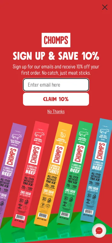 Chomps food welcome popup, mobile, September 2026