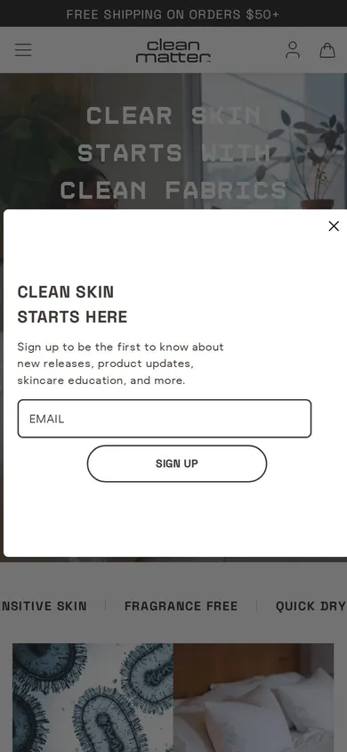 Clean Matter welcome popup on mobile: Perks only
