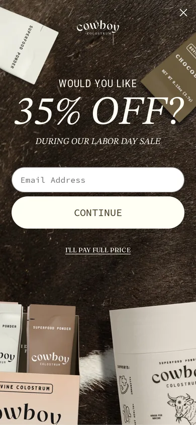 Cowboy Colostrum welcome popup on mobile, second pane after the gate