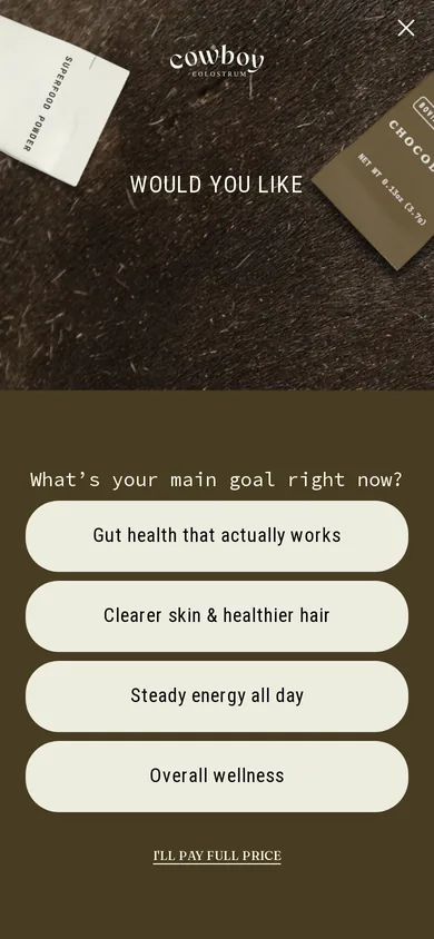 Cowboy Colostrum welcome popup, mobile, September 2026