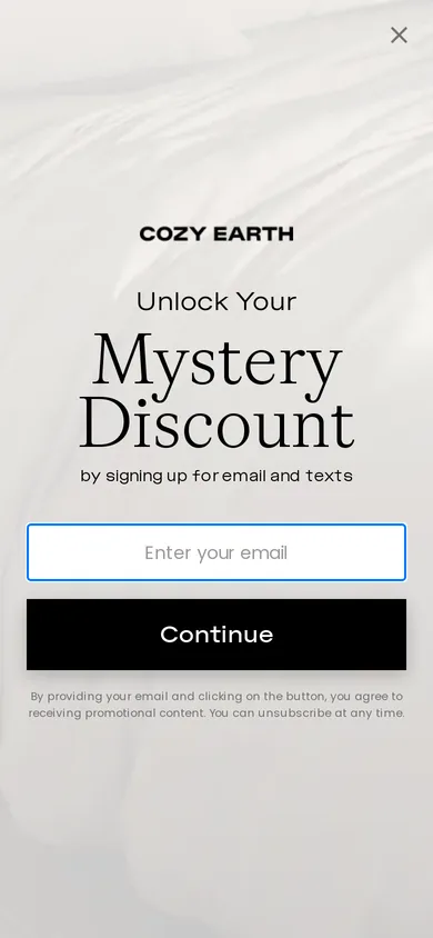 Cozy Earth welcome popup on mobile, second pane after the gate