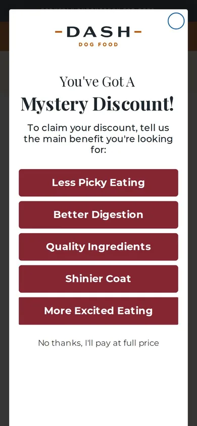 DASH Dog Food welcome popup on mobile: Mystery discount