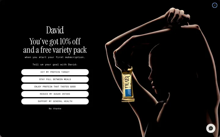 David Protein welcome popup, desktop, September 2026