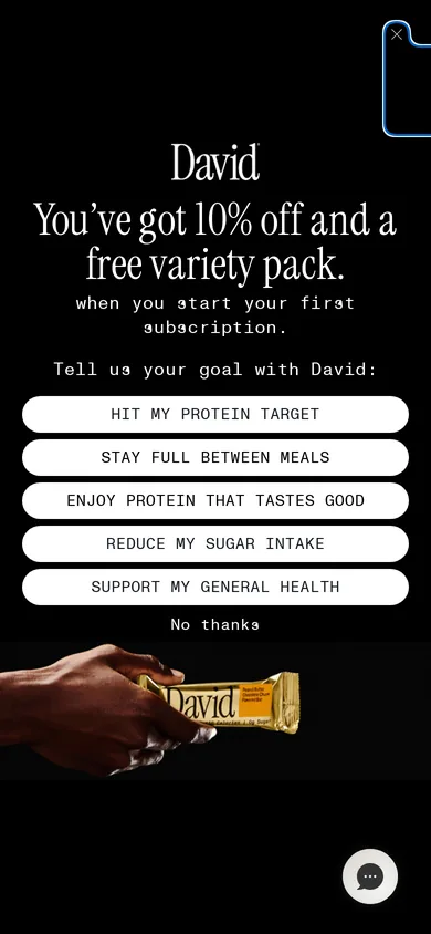 David Protein welcome popup, mobile, September 2026