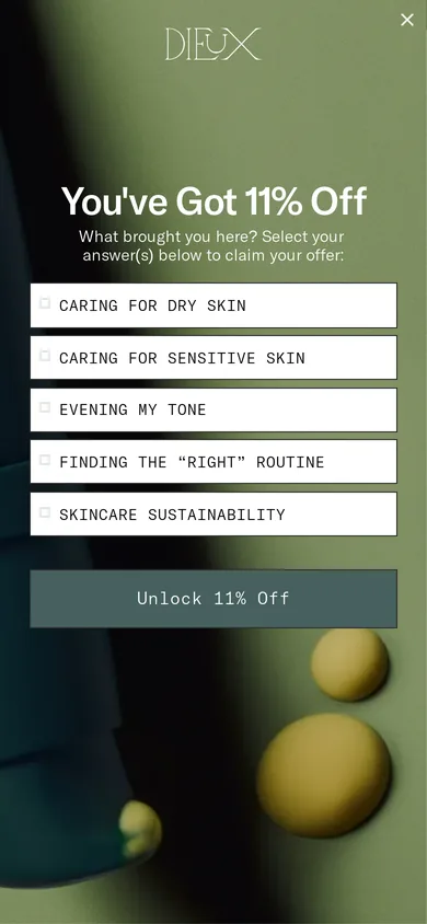 Dieux welcome popup, mobile, September 2026