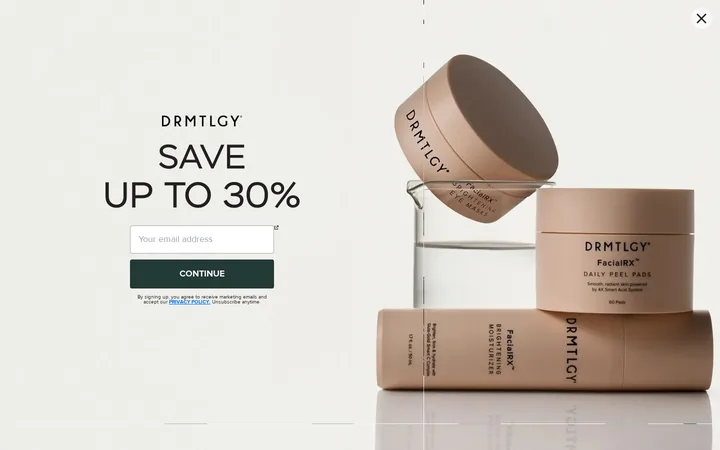 DRMTLGY welcome popup, desktop, September 2026