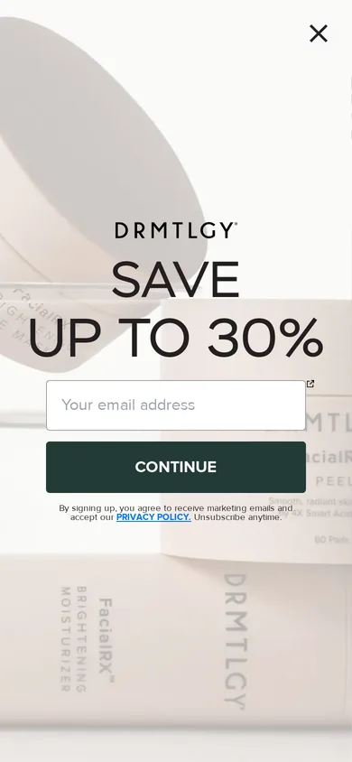 DRMTLGY welcome popup, mobile, September 2026